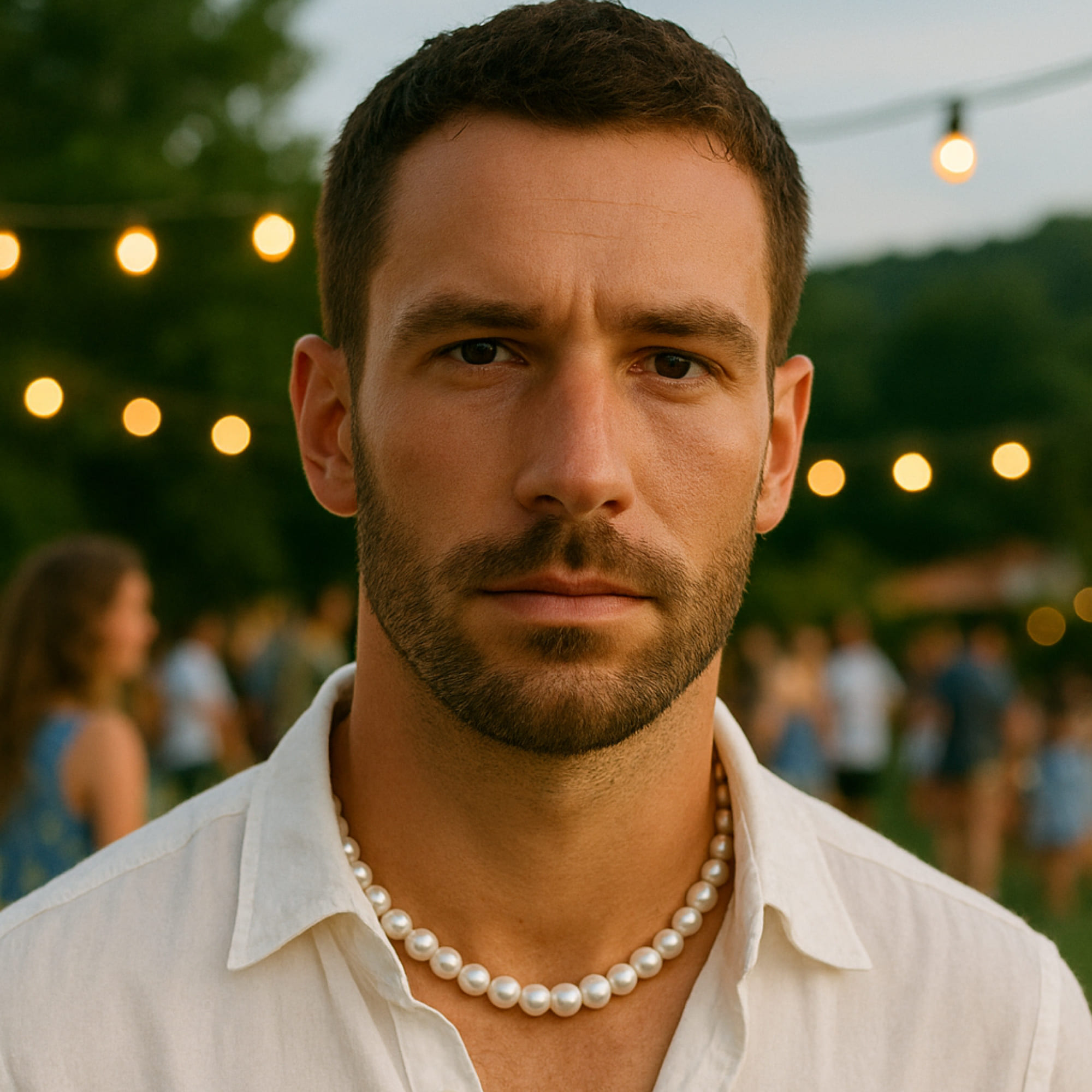 Colier Perle Barbati Albe 8,5–9,5 mm, Aur Galben 14K, Context Exterior, Portret